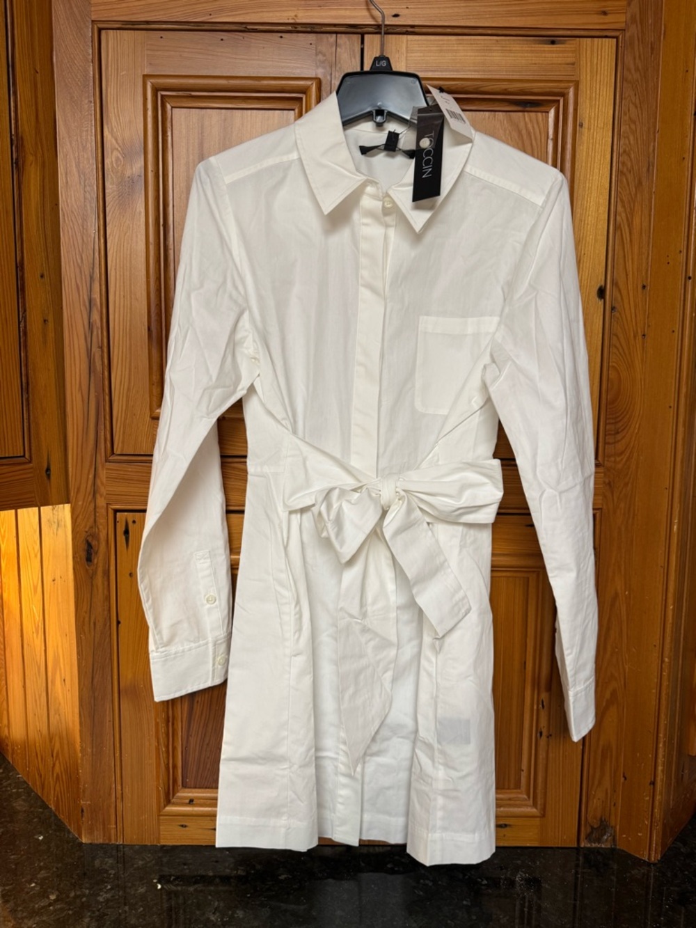 Toccin White Long Sleeve Tie-Waist Shirt Dress  size L. NWT